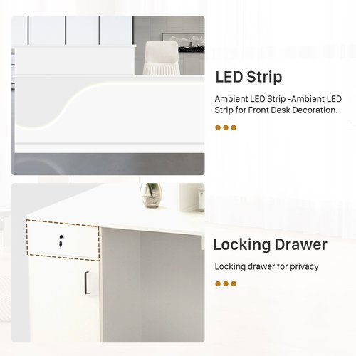 STLWR Modern Reception Desk with Locking Drawers, of Multi-Layer Solid Wood, Three-Color LED Light Strip & File Cabinet, Office Display Counters Retail Reception Desk (All White-Right, 70.9")