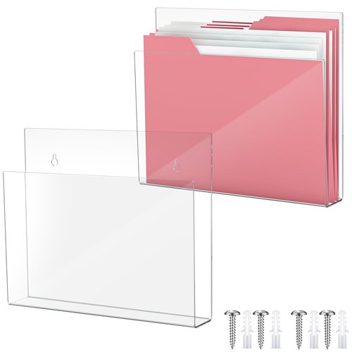Wonderjune 2 Pcs 12 Inch Acrylic Wall File Holder Clear Tablet or Patient Chart Holder with Open Sides Medical Files Hanging Organizer for Wall Anchor Hardware for School Office Home(Square Style)