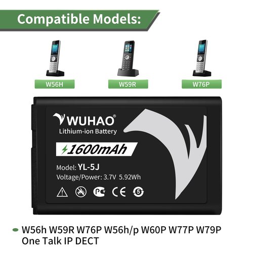 2-Pack for Yealink W56h Battery Upgraded 1500mAh YL-5J Battery for Yealink W56h W59R W76P W56h/p W60P W77P W79P One Talk IP DECT Replacement 3.7V