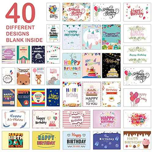 feela Birthday Cards Bulk, 240 Pack 40 Designs Happy Birthday Card Assortment Box with 240 Blank Envelopes, 252 Pieces of Stickers, 9 Washi Tapes, Greeting Cards for Employees Family, 4¡± X 6¡±