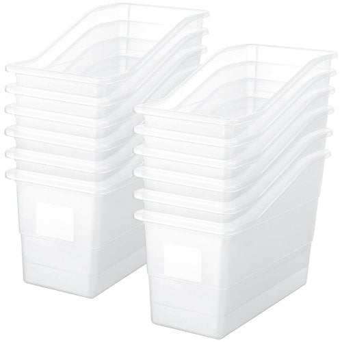 Suzile Book Bins with Labels Linking Storage Bins Folder Magazine File Holder Interlocking Plastic Book Organizer Container for Office Classroom Home(Clear Colors,12 Pcs)