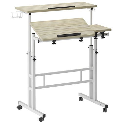 SogesPower 2 Platforms Mobile Laptop Desk Adjustable Side Table Computer Stand for Bed Sofa,Mobile Standing Desk with Cup Holder and Hooks, Maple