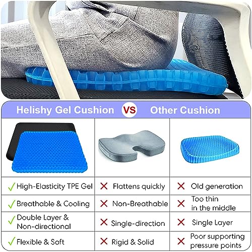Helishy Gel Seat Cushion 16x14x1.65 in - Blue, Double Thick Honeycomb Relief