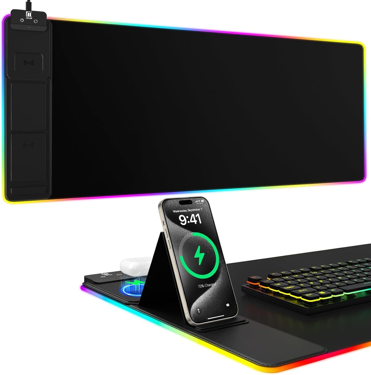 Skiennix Wireless Charging Mouse Pad - RGB Gaming Desk Mat with Phone Holder | Large, Ultra-Smooth, Non-Slip, Waterproof, Classic Black