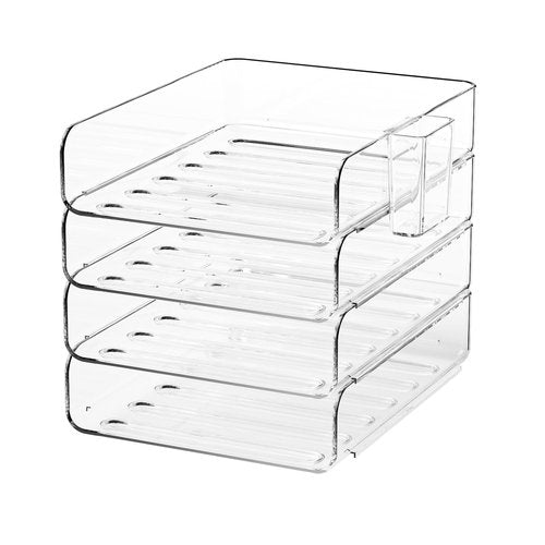 FANXIYQ 4-Tier Acrylic Paper Tray Organizer with Pen Holder | Clear Stackable Desk Organizer for Documents, Letters, A4 Paper | Modern Office/Classroom/Home Organization