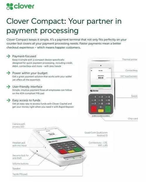 Clover Compact Payment Terminal - Requires New Merchant Processing Account Through Powering POS.
