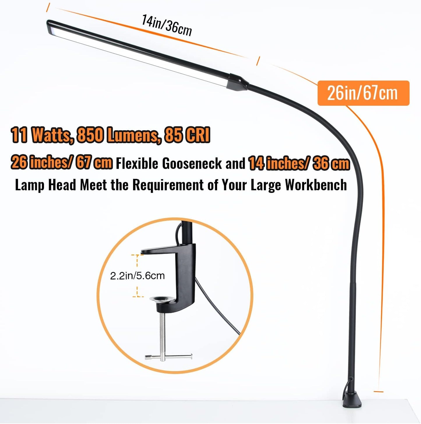 Skiennix LED Desk Lamp - Eye-Caring Clamp Light with 3 Color Modes & 10 Brightness Levels | 11W, 850 LMS