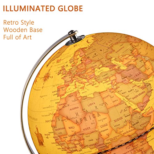 Illuminated World Globe for Adults & Kids with Wooden Stand,Built in LED Lamp for Illuminated Night View Antique Globe for Home D?cor and Office Desktop 8inch