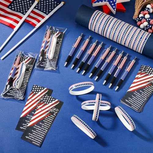 180 Pcs Veterans Day Gifts American Flag Ballpoint Pens Red White Blue Patriotic Stars Stripes Stationery Gift Silicone Wristband Bookmarks for Patriot Memorial Heroes Supplies