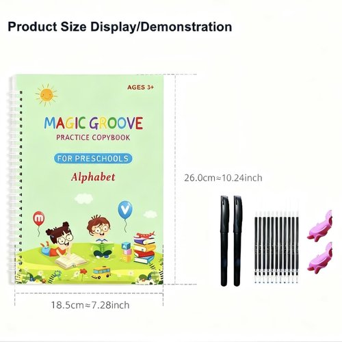 Magic Grooved Writing Practice | Reusable Handwriting Workbooks for Kids 3-8 | Large 10.3" x 7.2" (4 Books + Pens)