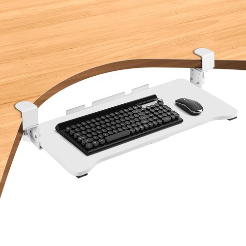 VUSIGN Keyboard Tray Under Desk Height Adjustable,Pull Out with Adjustable C Clamp Mount System for L-Shaped Tables, Extra Sturdy, 26.4” x 11.8” Slide-Out Platform Computer Drawer for Typing,White