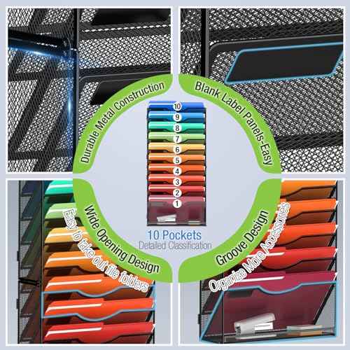 11 Tier Wall File Holder Hanging Wall Mount Paper File Organizer for Mails Folders Document Magazine Organization, for Office School Home, Black