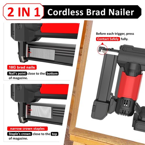 Werktough 20v Cordless Staple Gun Brad Nailer 2 in 1 Aluminum Metal magzine 1 Hour Fast Charger 2000mA Lithium Battery 2000pcs Free Staples(90 4/5”1000+18GA 1”x1000) in Tool Case