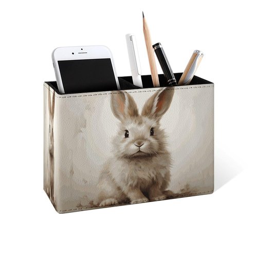 Famame Brown Rabbit Bunny Pencil Holder for Desk, Leather Desktop Container Pen Cup Storage Study Table Pen Organizer Makeup Brush Holder for Classroom Office Home