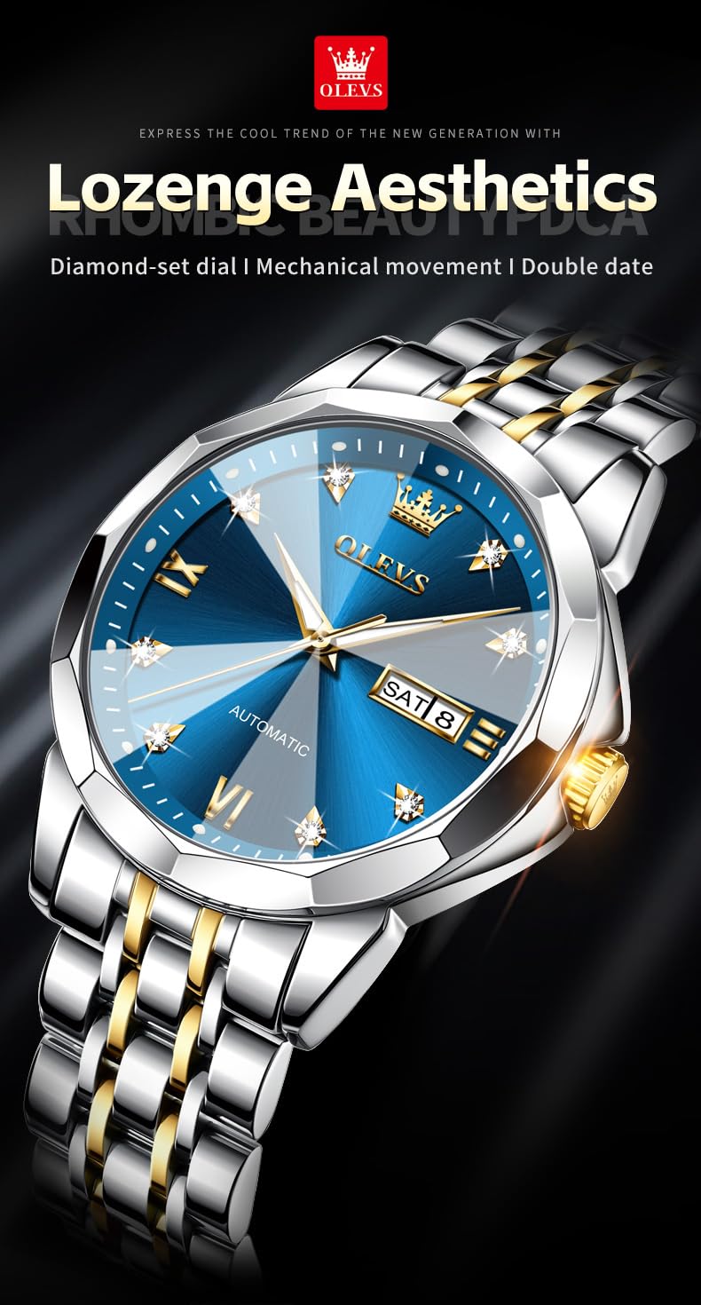 OLEVS Watch for Men Automatic Classic Mechanical Watch Diamond Mirror Stainless Steel Dress Casual Waterproof Day/Date Calendar Blue
