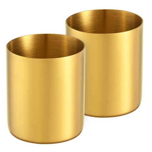 luvtree 2 Pieces Golden Round Stainless Steel 304 Pen Holder, Desk Pencil Organizer, Makeup Brush Storage, Kitchen Cutlery Holder, Multi-Purpose Office and Home Accessory