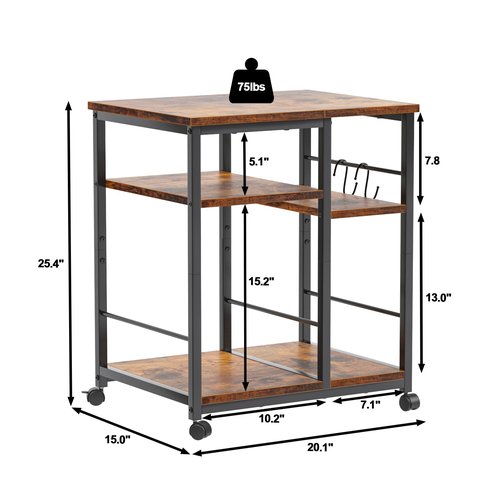 Furologee 3 Tier Printer Stand for Home Office Organization, Mobile Printer Cart with Wheels and 2 Hooks, Under Desk Shelf with Storage, for Living Room, Kitchen, Rustic Brown