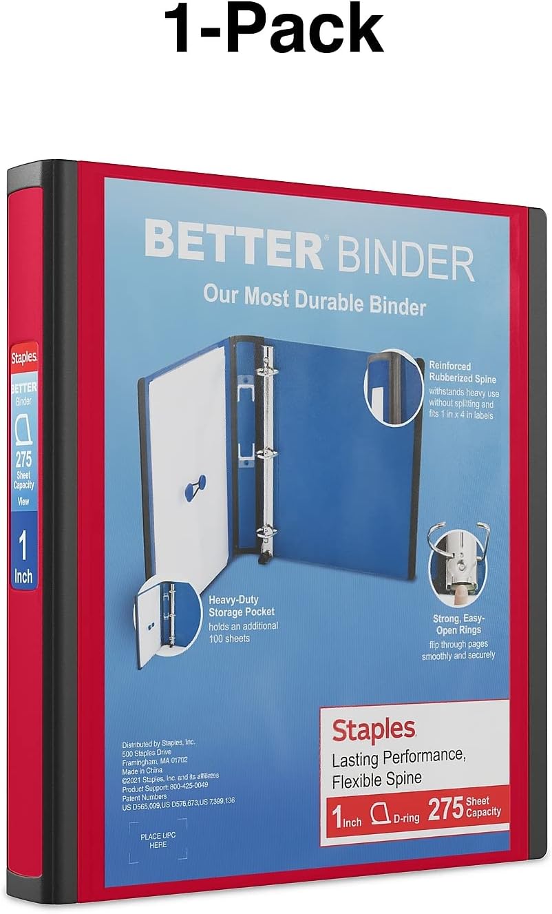 Staples Heavy-Duty D-Ring Binder - 1-Inch, Red | Durable Polypropylene with Removable Spine Label for School & Office