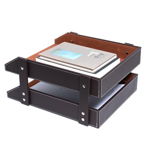 Leather Desk Organizer, Letter Tray Holder with Accessories, 2-Tier Stackable Office Supplies Desktop Storage Box for Documents Notebooks Magazines