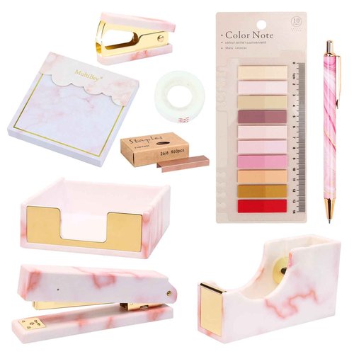 Pink Marble Desk Accessories Organizer Set of Stapler, Staple Remover, Tape Dispenser, Memo Pad Holder, Scissor, Ballpoint Pen, Binder Clips, Sticky Notes Office Supplies (Pink Marble)