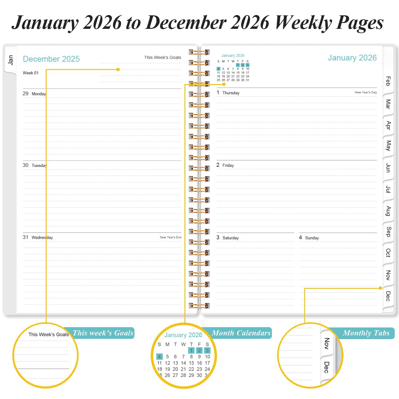 2026 Planner - A5 Weekly & Monthly Planner Spiral Bound, January 2026 - December 2026, with Flexible Cover, Tabs, Inner Pocket, 6.4" x 8.5", Rose Leaf