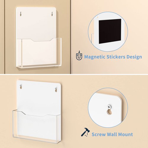 HIIMIEI Magnetic File Holder, 2 Pack Mail Magazines Organizer Wall Mount, Acrylic Hanging Wall File Organizer for Cabinets, Whiteboard, Refrigerator (Clear)