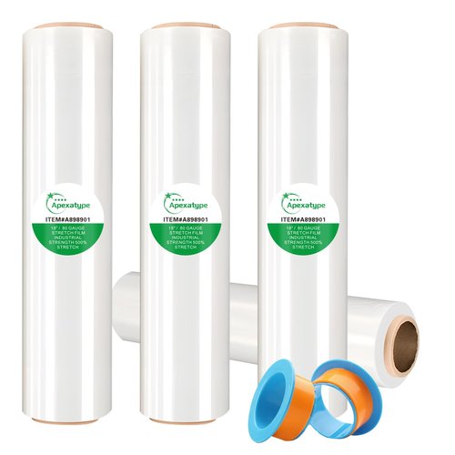 18" x 1500' Plastic Shrink Wrap Roll - 80 Gauge, 500% Stretch Industrial Strength Moving Wrap, Heavy Duty Pallet & Furniture Protection - 4 Roll Bundle Stretch Wrap with Handles