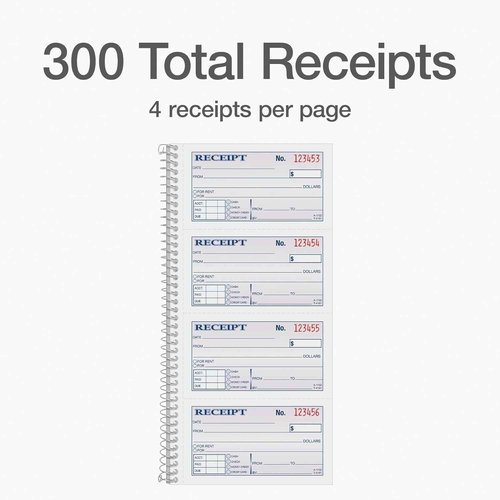 Adams Receipt Book for Money and Rent - 2-Part Carbonless - 5-1/4" X 11" - Spiral Bound Receipt Book with Carbon Copies -300 Sets Per Book - 4 Receipts Per Page (Pack of 6)