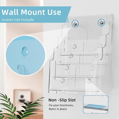 PPH-Sisy Acrylic Brochure Holder 8.5 x 11 inch Brochure Display Stand, Magazine Holder 4 Tier Pamphlet Holder with Removable Divider for 4 x 9 inch Brochures for Wall Mount or Desktop