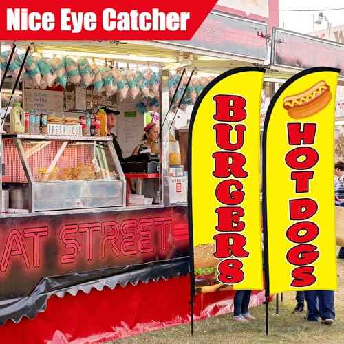 Buryeah 2 Sets Hot Dogs Burgers Feather Flag Banner Kit for Business Advertising 8 ft Swooper Flag with Pole Ground Stake Portable Bag Outside Hot Dog Sign for Restaurant Advertising Business (Yellow)