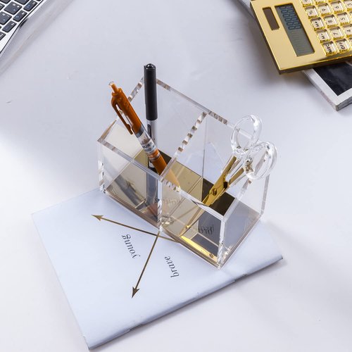 Modern Acrylic Pen Holder with 2 Compartments Gold Base, Multifunctional Pencil Holder for Desk Gold Mirror, Makeup Brush Holder, Marker Holder for Office, Classroom, Home