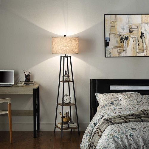 ROSEN GARDEN Floor Lamp, Standing Reading Light with Shelves and Fabric Shade, Modern Tall Pole Lamp, Accent Furniture Décor Lighting for Living Room, Bedrooms