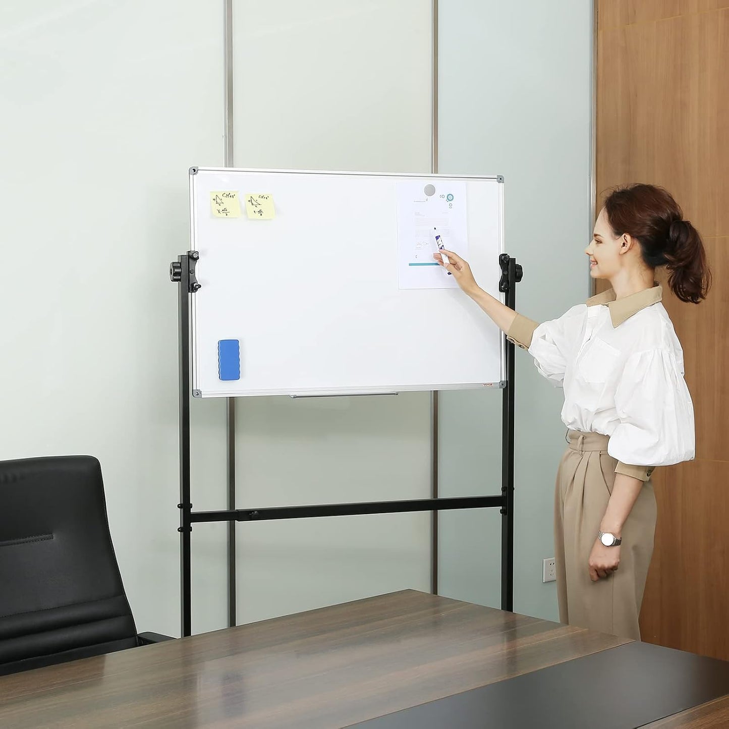 VEVOR Double-Sided Rolling Magnetic Whiteboard - 36x24 Inches, Adjustable Height with Wheels & Tray