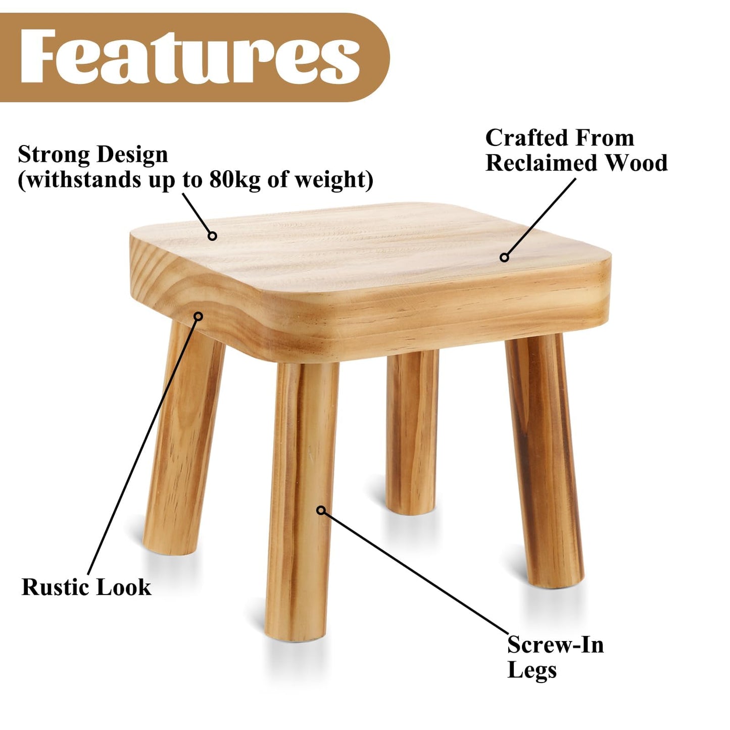 Oungy 8 Inch Wooden Step Stool, Small Step Stool for Adults with Detachable Legs, Pine Wood Stool with Non-Slip Foot Pads, One Step Stool for Kitchen Bathroom Bedroom & Bedside 220 lbs