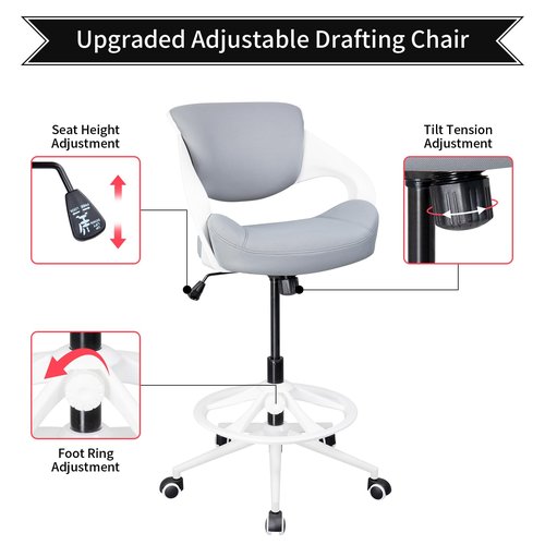 BOJUZIJA Ergonomic Drafting Chair,Standing Computer Desk Chair,Foot Ring,Lumbar Support,Swivel Task Chair -Grey