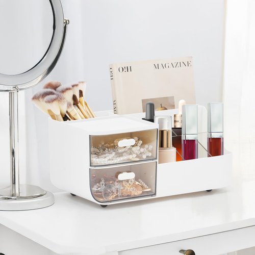 STNRST-IN Desk Organizer with 2 Drawer, Office Organization with 8 Compartments +1 Top Tray, Plastic Pen Holder for Desk, Makeup Storage Box with 3 Pencil Holder for School, Home, Art Supplies