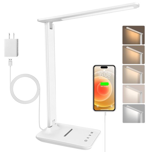 karidi LED Desk Lamp Dimmable Table Lamp with USB Charging Port, 5 Lighting Modes, Sensitive Control, Foldable Portable Desk Light for Home Office Bedroom Reading (White)