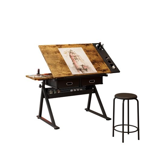 Aidek Rustic Brown Adjustable Drafting Table with Stool & Storage – Tilt-Top Art Desk with 2 Drawers for Painting, Writing, Home Office Studio