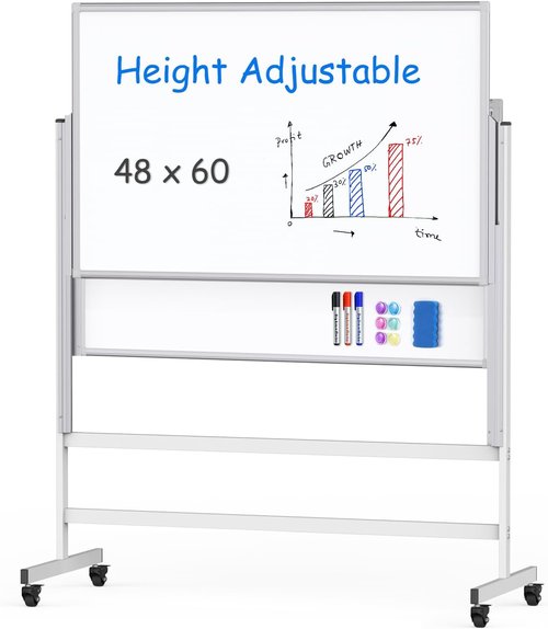 Maxtek Dry Erase Whiteboard - Height Adjustable Mobile Easel on Wheels | 48" x 60" Double-Sided Magnetic Board for Office & Home
