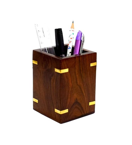 WIGANO 4"inch X3" inch Wooden Square Pen Holder/Pen Pencil Stand Multi Purpose Desk Organizer Rosewood with attractive Brass Work