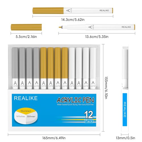 REALIKE Acrylic Paint Markers for Cricut Maker 3/Maker/Explore 3/Air 2/Air, Gold Silver White Acrylic Paint Pens for Rocks, Paper, Wood, Canvas, Glass, Ceramic, Fabric (1.0 & 2.0 Tip)