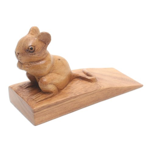 NOVICA Brown Hand Carved Suar Wood Mouse Door Stopper, 'Charming Mouse In Brown'