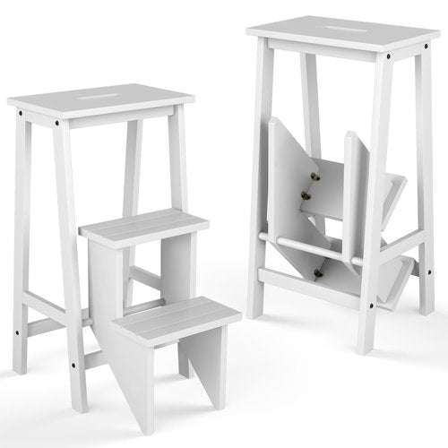 BETTARY 3-Step Folding Wooden Step Stool, Portable Anti-Slip Step Ladder, Foldable Wood Counter Staircase, Multifunctional Flower Shelf & Chair for Kitchen/Garage/Living Room/Library (White)