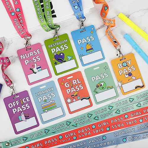 8 Pcs Writeable Hall Passes for Classrooms, Unbreakable PVC Hall Lanyards Passes for Hall Bathroom Library Office Boy Girl and Nurse Ideal for Classroom School Supplies. (Abstract)