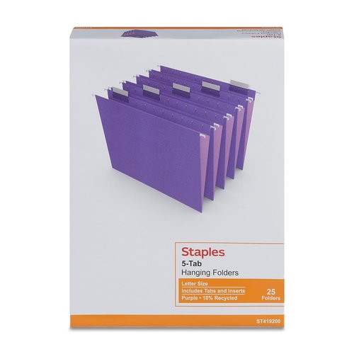 Staples 419200 Hanging File Folders 5 Tab Letter Size Purple 25/Box (419200)