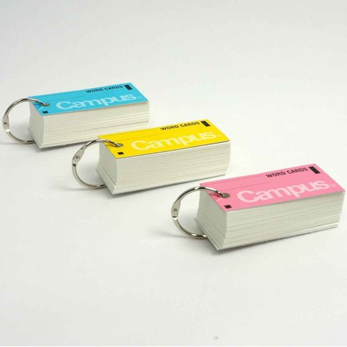 Kokuyo Campus Flash Cards with Binder Rings, Word Cards, Anki Cards, Mini Notecards, Medium Size 0.12''x 2.68'', 30 Packs in Blue, Pink and Yellow, Japan Import (TAN-101TSUME)
