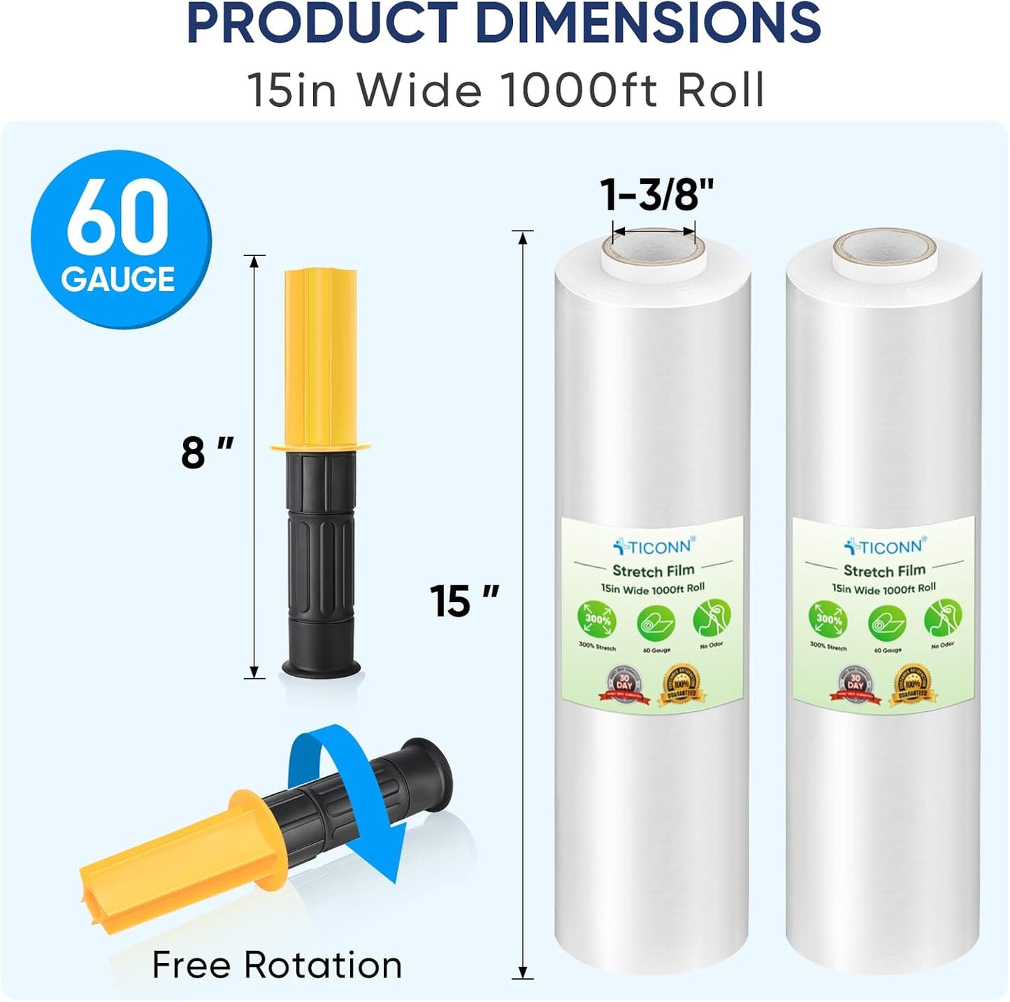 TICONN Stretch Wrap Roll - 1000ft Industrial Strength 15" Wide Clear Plastic Film with Handles for Easy Pallet Wrapping