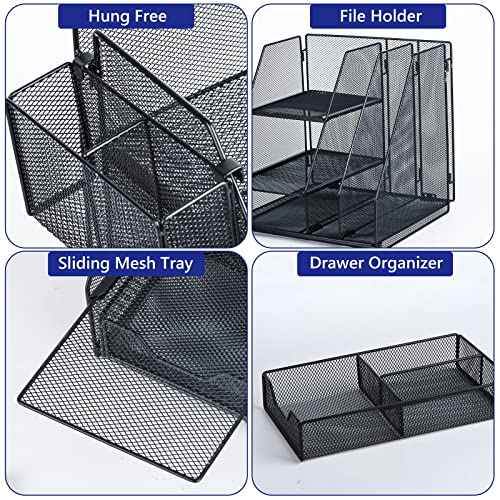 Topwey Desk Organizer, File Organizer for Desk with 2-Tier Paper Letter Tray, Drawer and 2 Pen Holder, Mesh Desktop Organization with Magazine Holder for Office Supplies