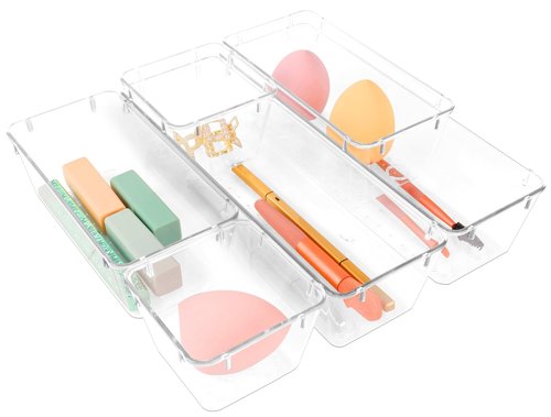 ATVAX 25 PCS Clear Plastic Drawer Organizer Set,Vanity Organizer Storage Bins Containers,4 Size Desk Drawer Organizer Tray