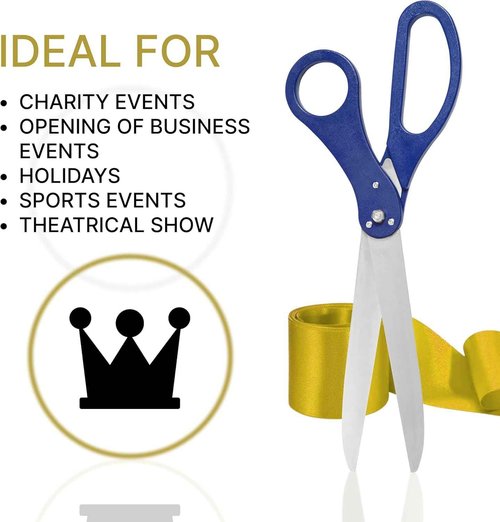 Oversize Ribbon Cutting Ceremony Kit - Large Blue Scissors 25 Inch Gold Satin Ribbon for Grand Opening and Box for Business Opening Special Events Inaugurations